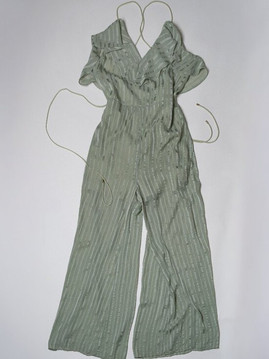Elliatt Pants - ELLIATT Mint Sage Green Striped Ruffle Wide-Leg Jumpsuit